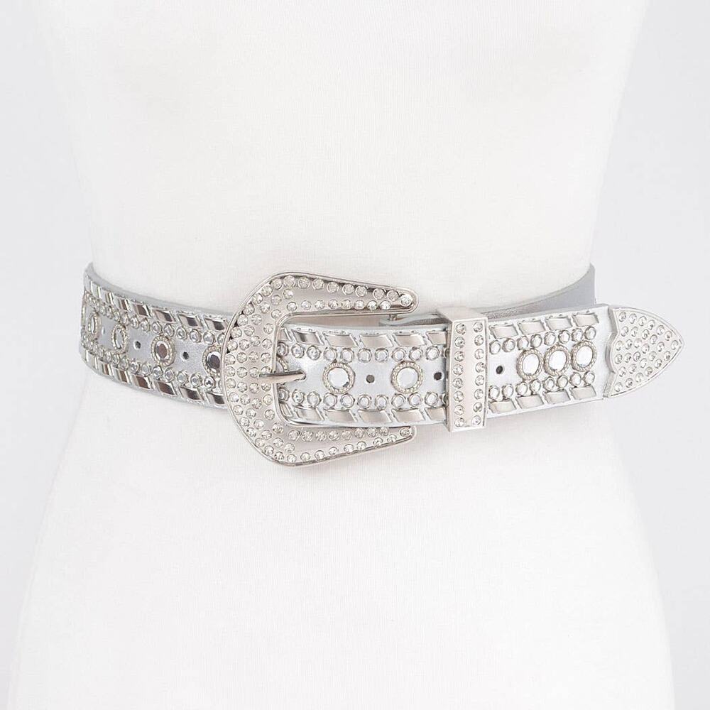 Silver Rhinestone Metal Studded Elastic Belt